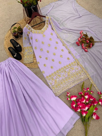 Lilac Georgette Designer Sequence Work Palazzo Suit Set
