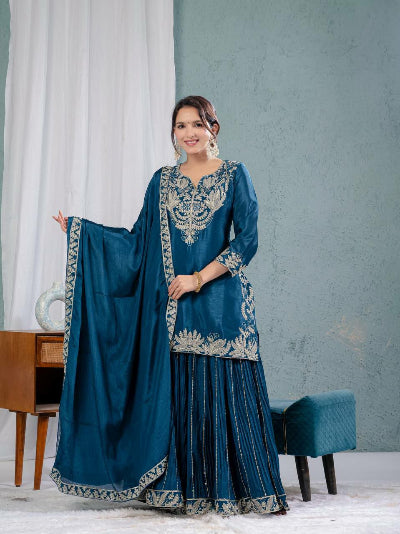 Teal Blue Chinon Silk Grand Sharara Palazzo Suit Set