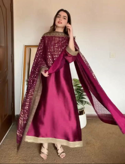 Maroon Monsoon Silk Salwar Suit Set with Stunning Embroidery