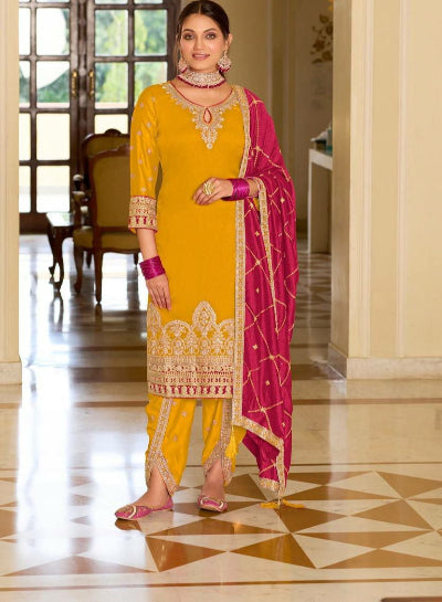 Mustard Yellow Red Georgette Punjabi Dhoti Suit Set