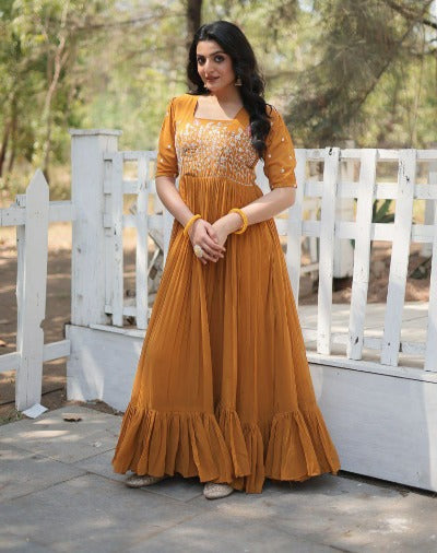 Mustard Yellow Georgette Frill Gown 1pc