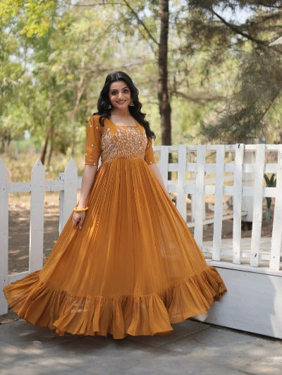 Mustard Yellow Georgette Frill Gown 1pc