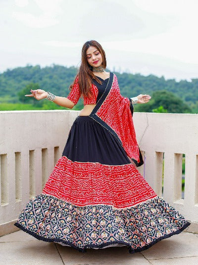 Pure Red & Black Cotton Printed Readymade Lehenga Choli Set
