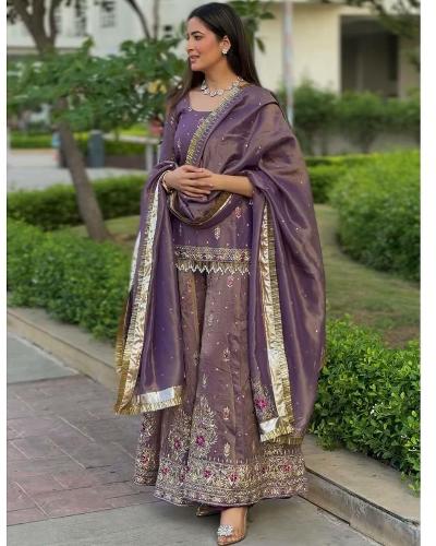 Purple Twil Gold Net Sharara Palazzo Suit Set