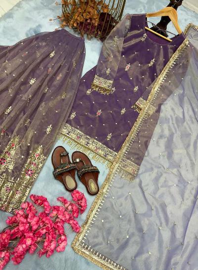 Purple Twil Gold Net Sharara Palazzo Suit Set