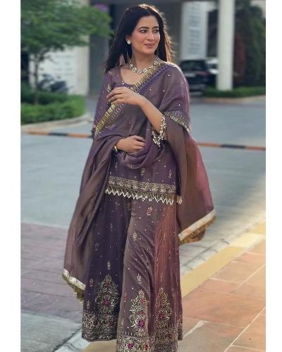 Purple Twil Gold Net Sharara Palazzo Suit Set