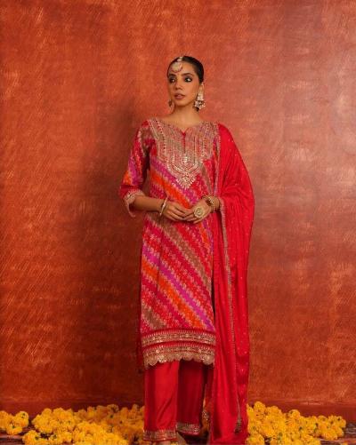 Red Luxurious Festive Wear Straight Suit Set