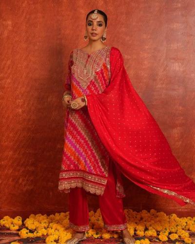 Red Luxurious Festive Wear Straight Suit Set