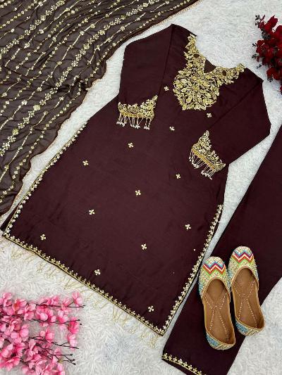 Pearl Adorned Chinnon Silk Salwar Suit Set