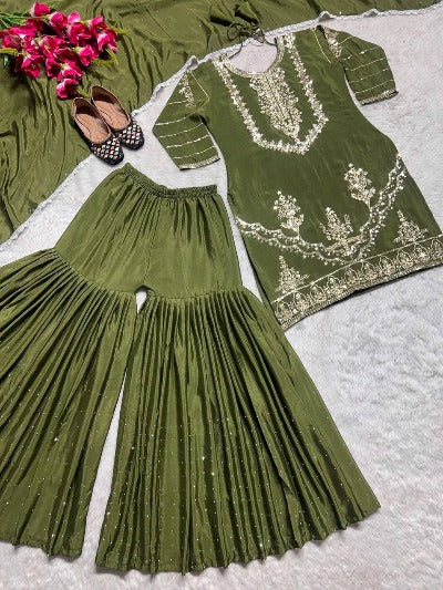 Olive Green Hand Diamond Work Sharara Suit Set