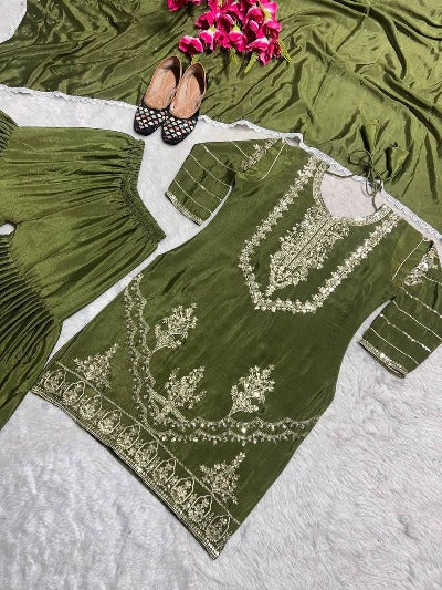 Olive Green Hand Diamond Work Sharara Suit Set