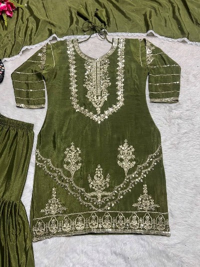 Olive Green Hand Diamond Work Sharara Suit Set