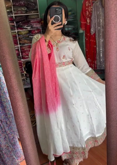 White Chinon Silk Anarkali Suit With Pink Dupatta