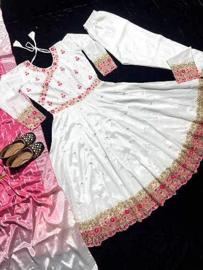 White Chinon Silk Anarkali Suit With Pink Dupatta