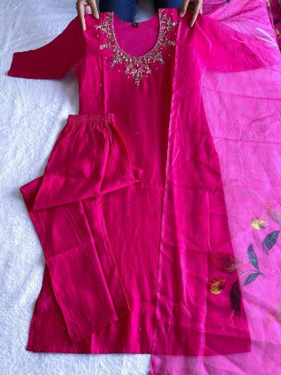 Rani Pink Roman Silk Salwar Suit Chanderi Dupatta