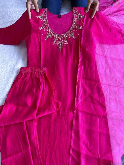 Rani Pink Roman Silk Salwar Suit Chanderi Dupatta