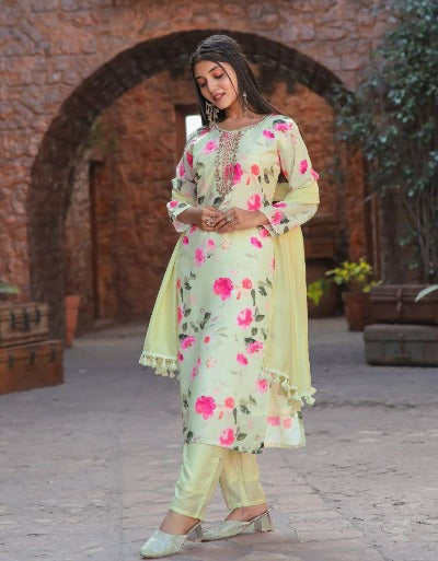 Light Lime Yellow Muslin Silk Floral Salwar Suit Set