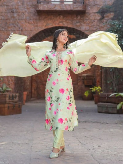 Light Lime Yellow Muslin Silk Floral Salwar Suit Set