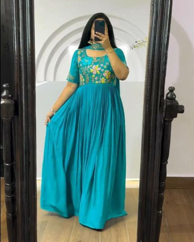 Aqua Blue Designer Georgette Anarkali Gown With Dupatta 2Pc