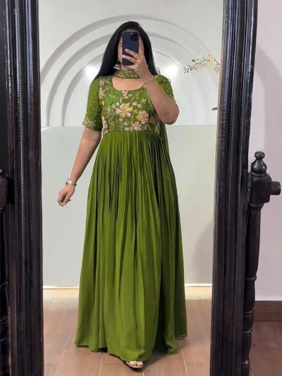 Olive Green Designer Georgette Anarkali Gown With Dupatta 2Pc