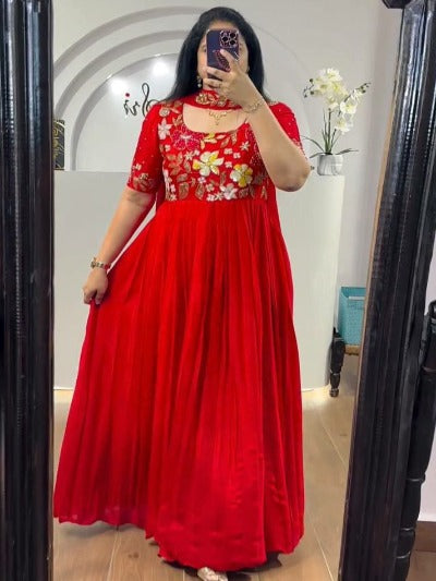 Red Designer Georgette Anarkali Gown With Dupatta 2Pc