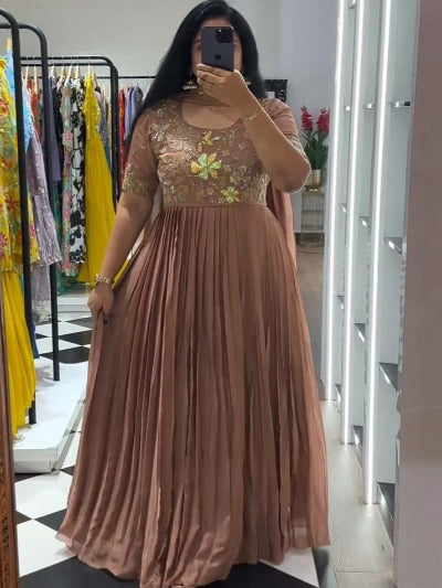 Nude Brown Designer Georgette Anarkali Gown With Dupatta 2Pc