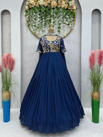 Peacock Blue Designer Georgette Anarkali Gown With Dupatta 2Pc