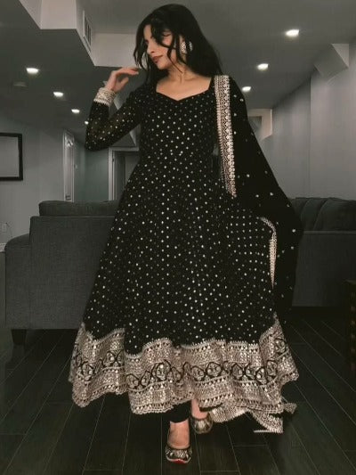 Black Designer Georgette Anarkali Gown With Dupatta 2Pc