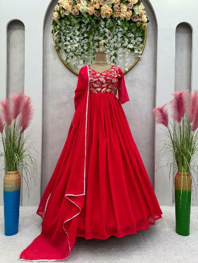 Red Designer Georgette Thread Sequenced Anarkali With Dupatta 2Pc