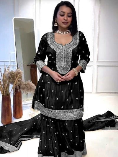 Black Heavy Chinon Silk Embroidered Sharara Suit Set