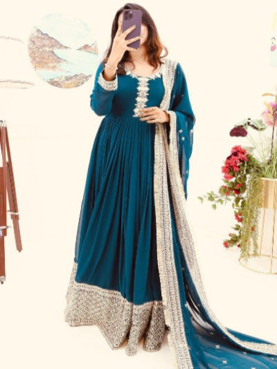 Teal Blue Georgette Sequenced Anarkali Gown With Dupatta 2Pc