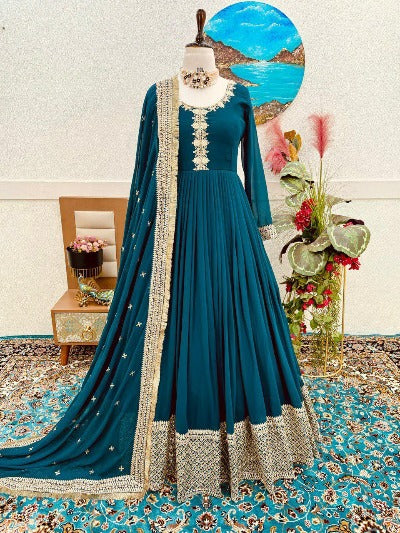 Teal Blue Georgette Sequenced Anarkali Gown With Dupatta 2Pc