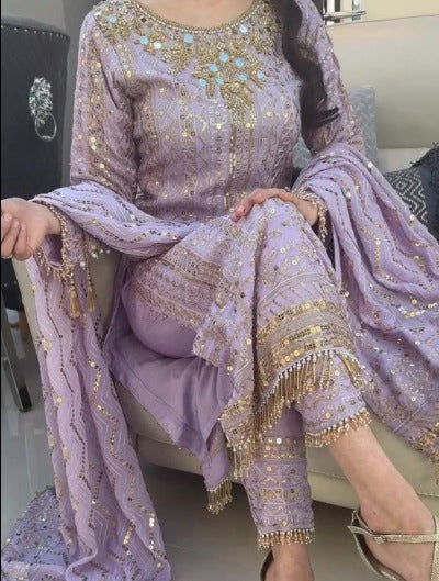 Lilac Georgette Sequence & Mirror Work Salwar Suit Set