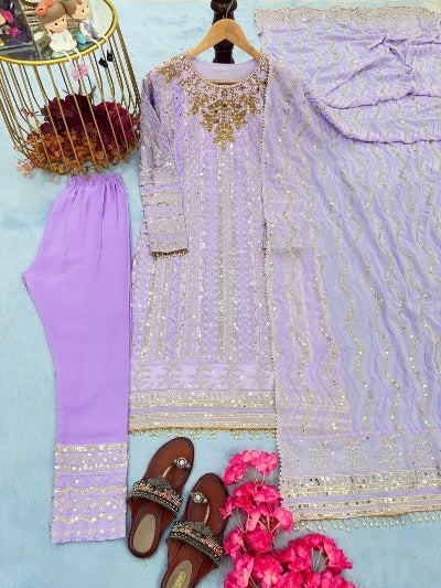 Lilac Georgette Sequence & Mirror Work Salwar Suit Set