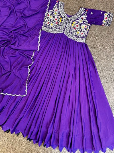 Purple French Silk Stone Embroidered Anarkali Gown With Dupatta 2Pc