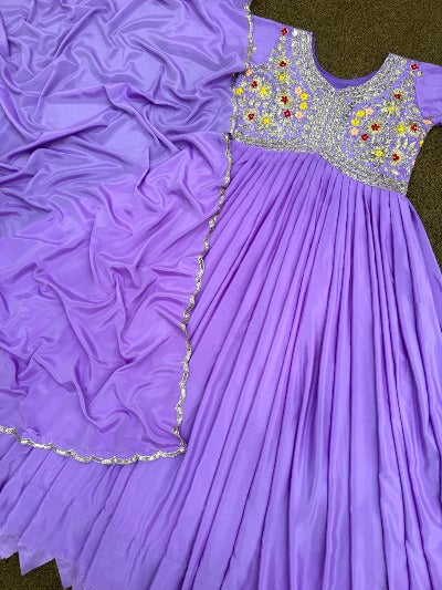 Lilac French Silk Stone Embroidered Anarkali Gown With Dupatta 2Pc