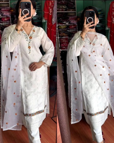 Pure White Georgette Embroidered Salwar Suit Set