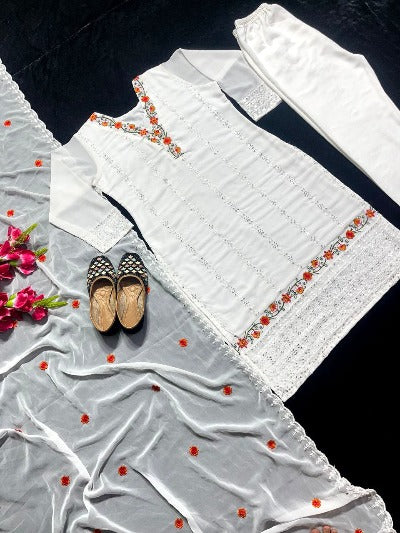 Pure White Georgette Embroidered Salwar Suit Set