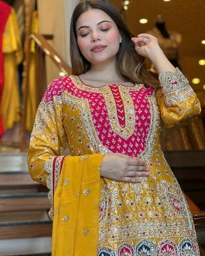 Yellow Georgette Multicolour Embroidered Sharara Suit Set