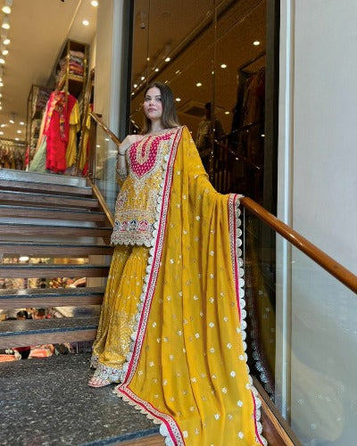 Yellow Georgette Multicolour Embroidered Sharara Suit Set
