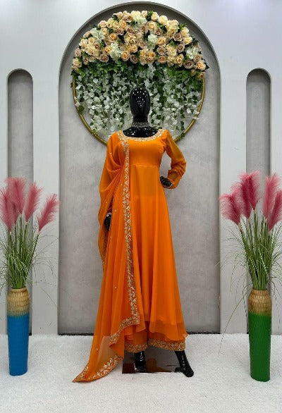 Orange Georgette Designer Flair Anarkali Suit Set