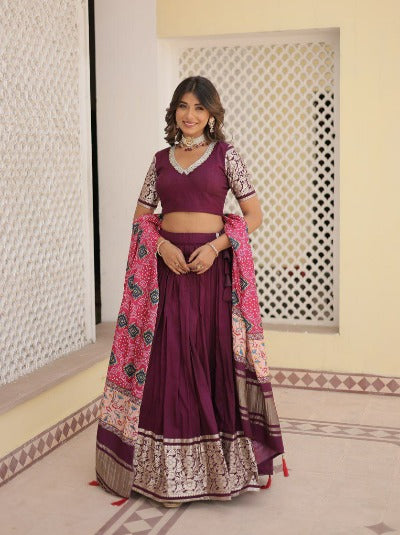 Wine Jacquard Lehenga Choli With Gajji Silk Dupatta