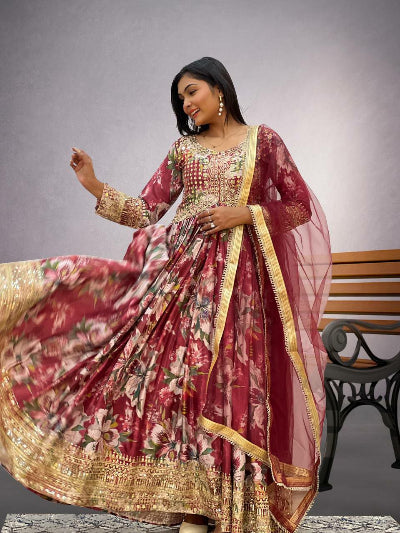 Red Floral Alia Cut Chinon Silk Anarkali Suit Set