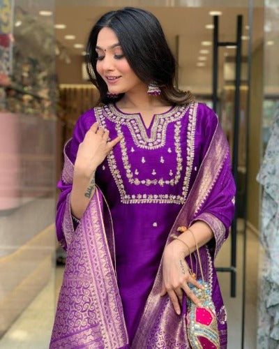 Purple Chanderi Salwar Suit With Jacquard Dupatta