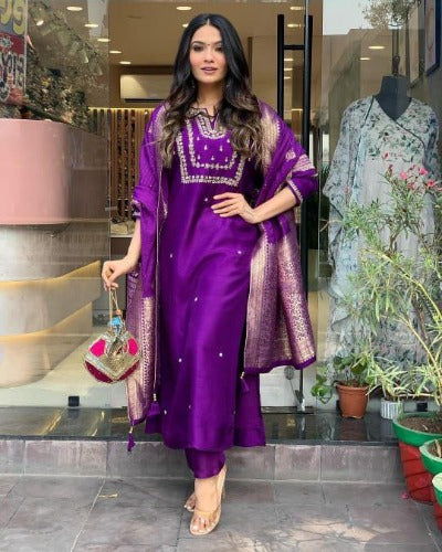 Purple Chanderi Salwar Suit With Jacquard Dupatta