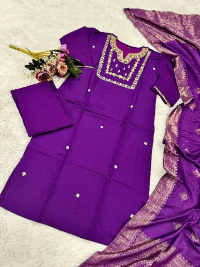 Purple Chanderi Salwar Suit With Jacquard Dupatta