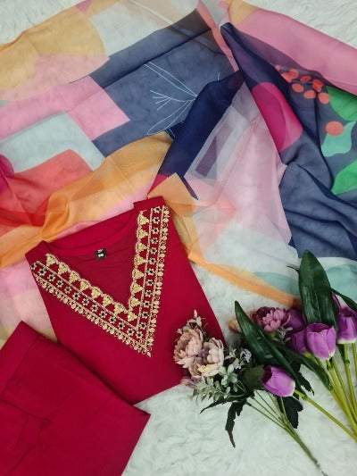 Pink Chanderi Salwar Suit With Colourful Organza Dupatta