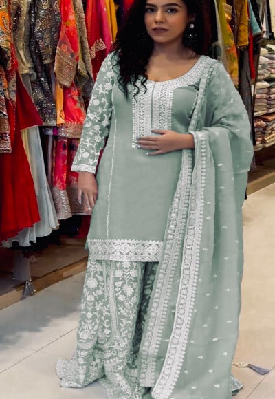 Pastel Green Georgette Sharara Palazzo Suit Set