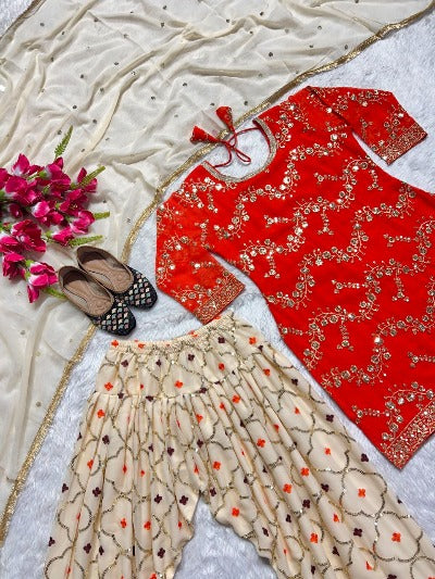 Orange Cream Georgette Sequins Work Patiyala Suit Set