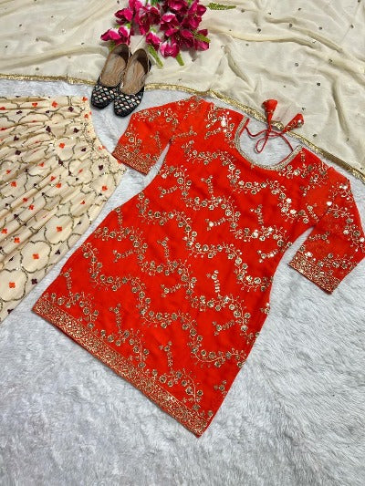 Orange Cream Georgette Sequins Work Patiyala Suit Set